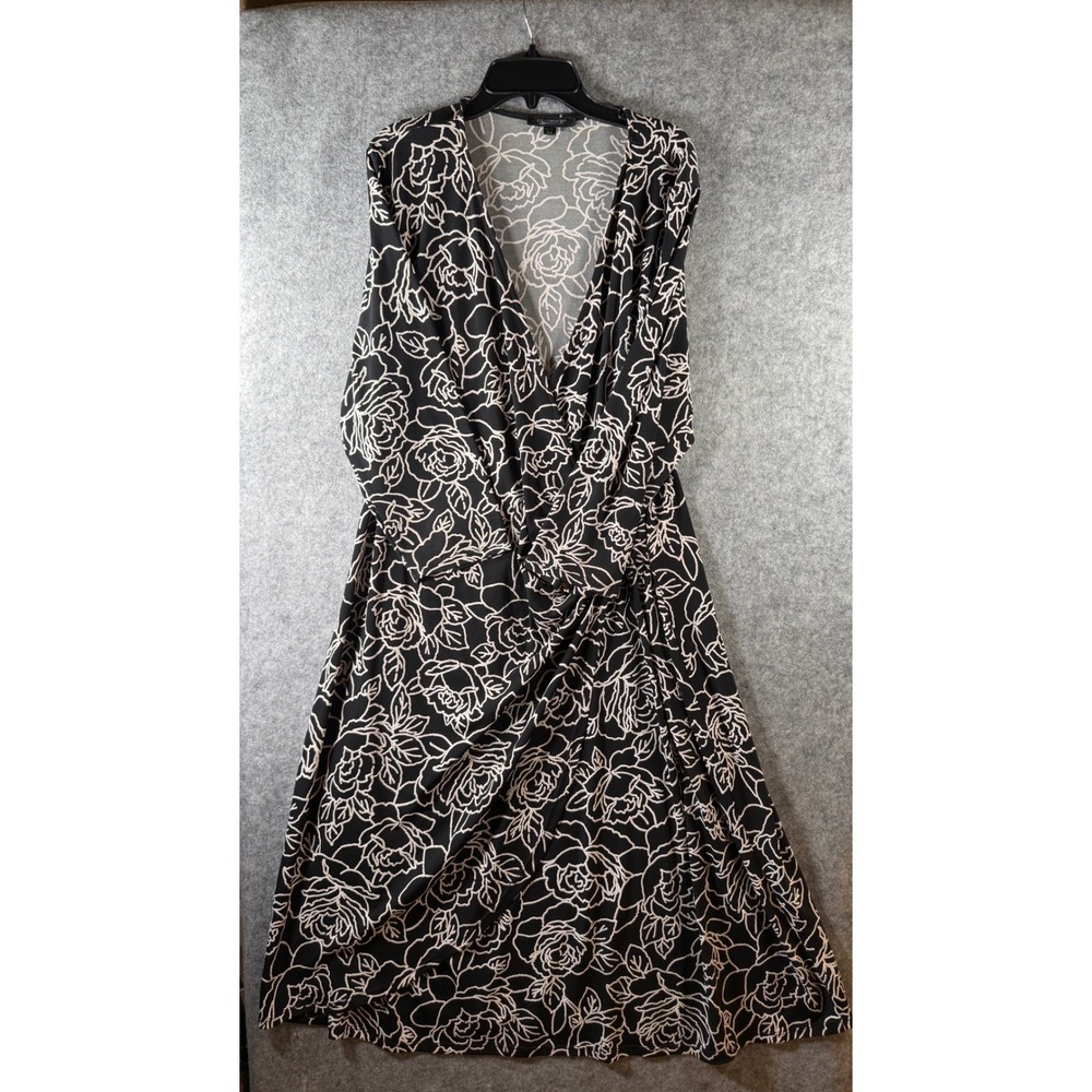 Glamour Black White Floral‎ Rose Faux Wrap V-Neck Midi Dress Womens Plus 18W